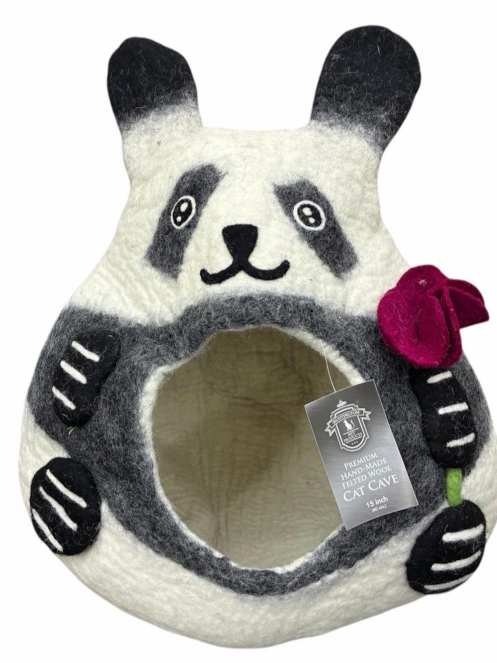 Felted Panda w Flower Pet / Cat Cave House, Natural Handmade Wool Felt Pet Bed